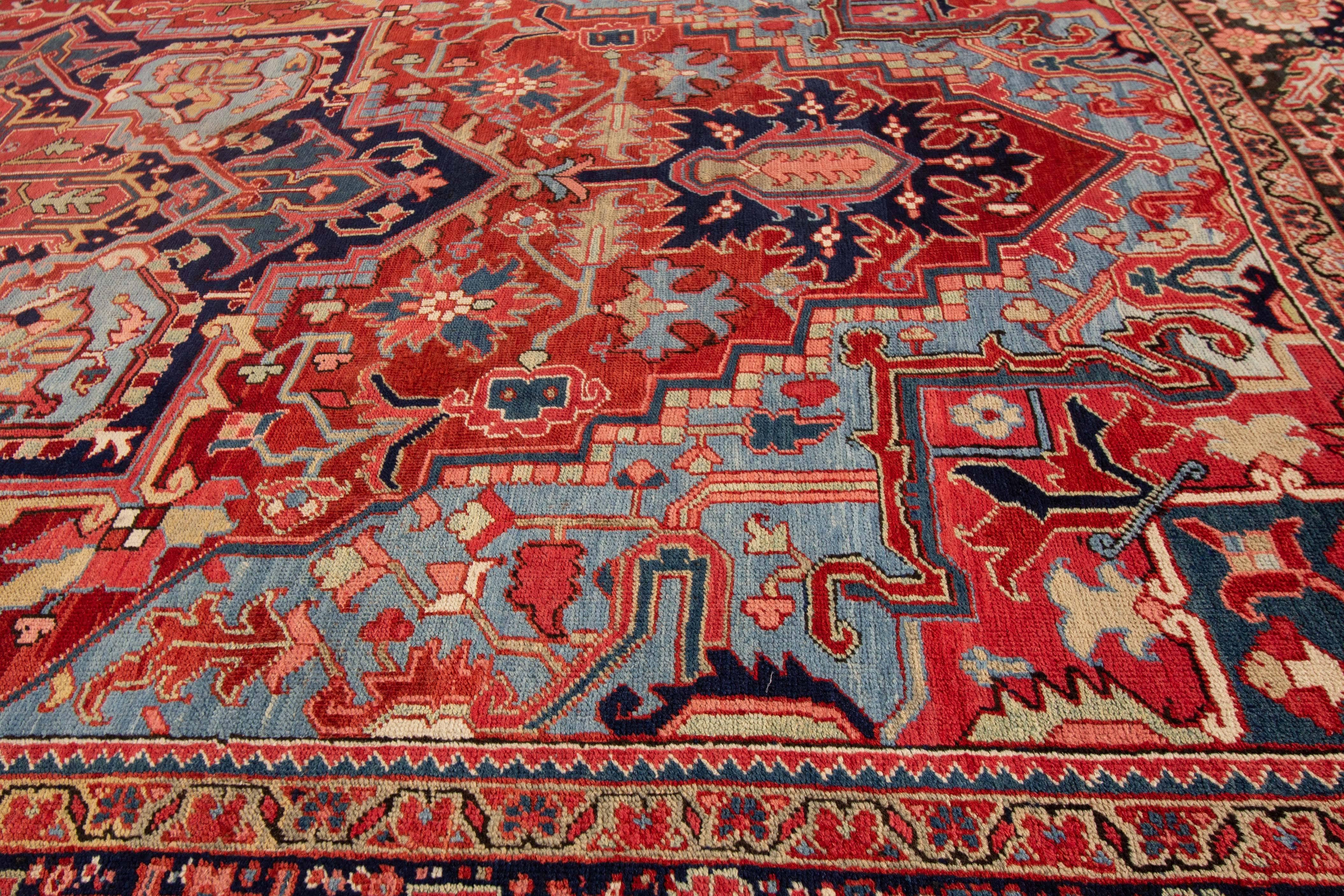 Antique Persian Heriz Red Handmade Medallion Motif Wool Rug For Sale 2