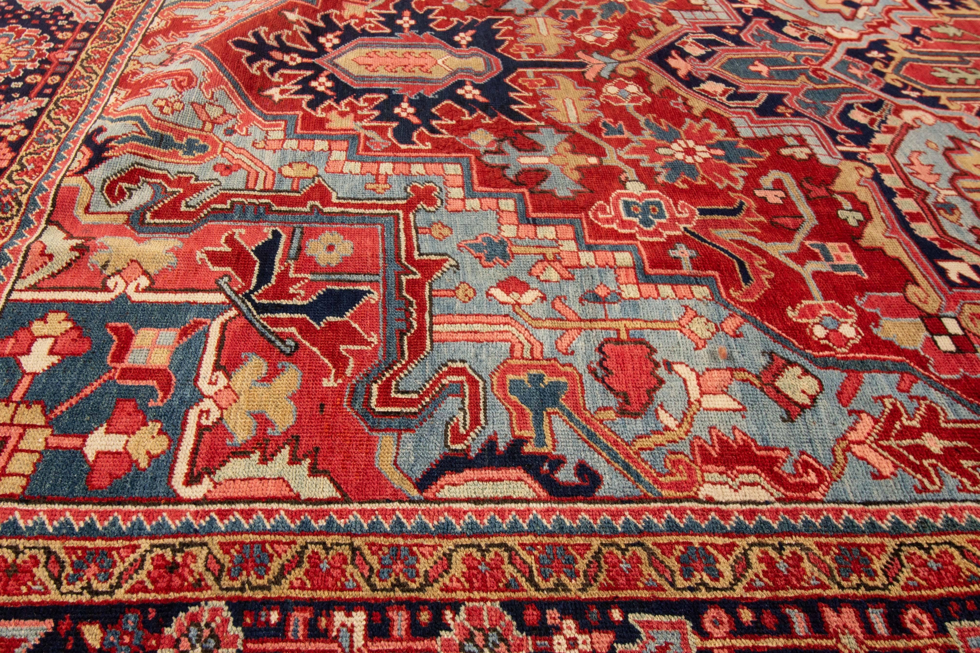 Hand-Knotted Antique Persian Heriz Red Handmade Medallion Motif Wool Rug For Sale