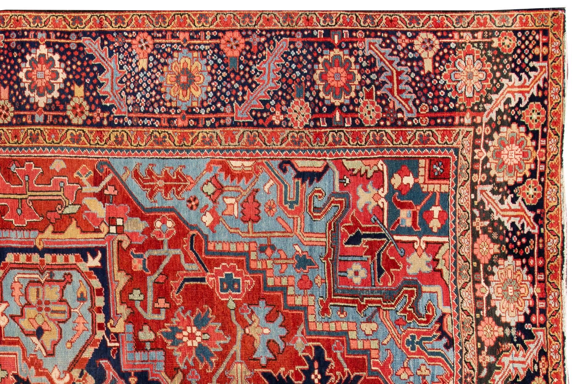 Antique Persian Heriz Red Handmade Medallion Motif Wool Rug In Good Condition For Sale In Norwalk, CT