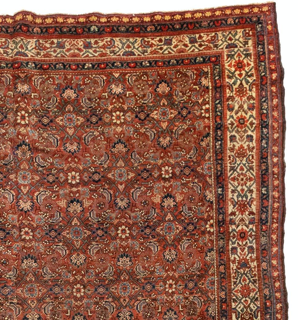 Antique Vintage Rust and Ivory Persian Floral Malayer Area Rug, circa 1910-1920s In Good Condition For Sale In New York, NY