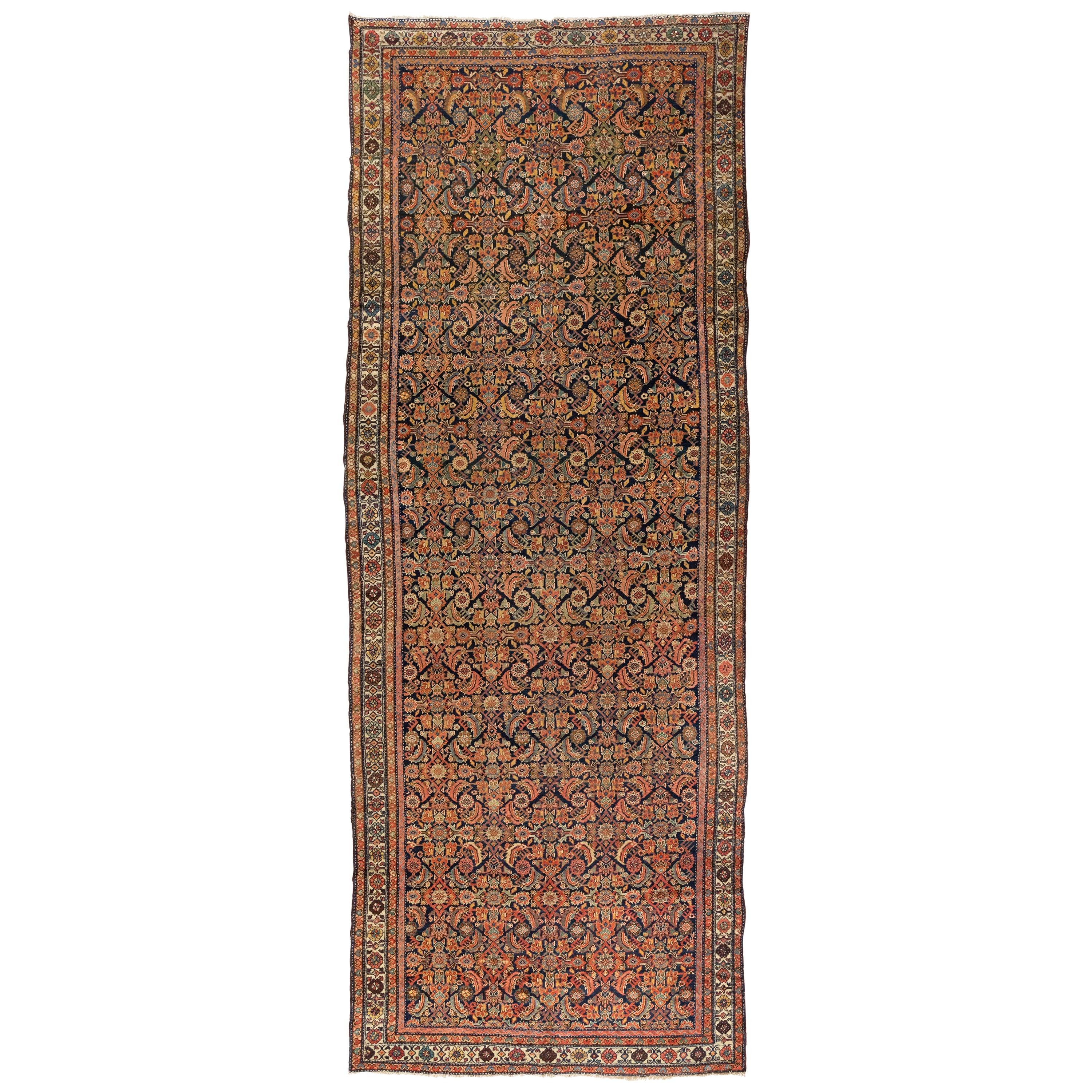 Antique Rust Ivory Navy Blue Geometric Malayer Persian Rug, circa 1880-1900s