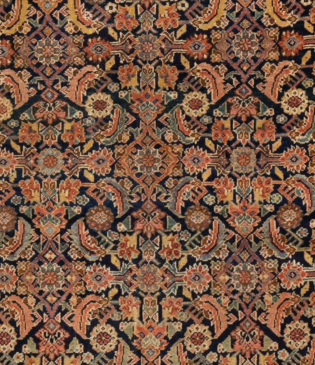 Hand-Knotted Antique Rust Ivory Navy Blue Geometric Malayer Persian Rug, circa 1880-1900s For Sale