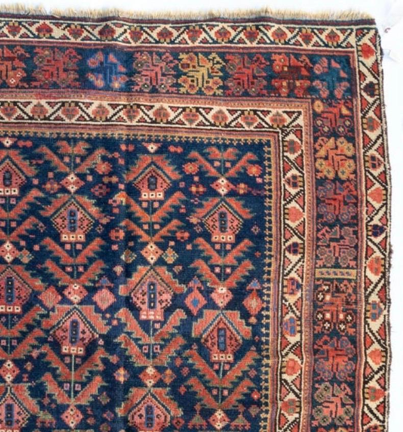 Hand-Knotted Antique Rust Ivory Navy Blue Tribal Persian Hamedan Area Rug, circa 1900-1910 For Sale