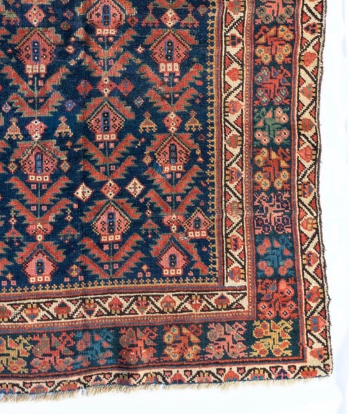 Hand-Knotted Antique Rust Ivory Navy Blue Tribal Persian Hamedan Area Rug, circa 1900-1910 For Sale