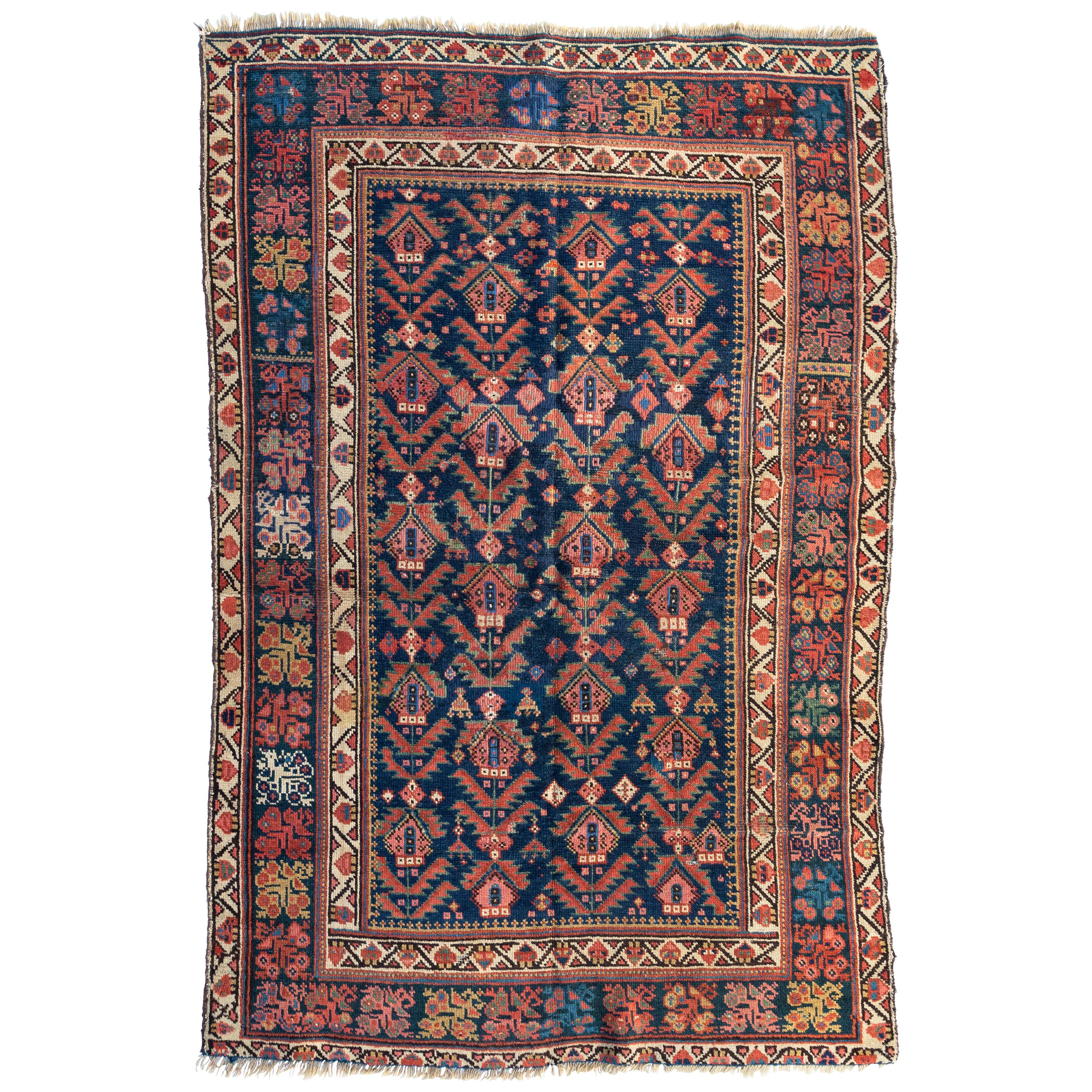 Antique Rust Ivory Navy Blue Tribal Persian Hamedan Area Rug, circa 1900-1910