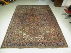 Antique Rust Navy Blue Geometric Tribal Persian Heriz Rug, circa 1920s