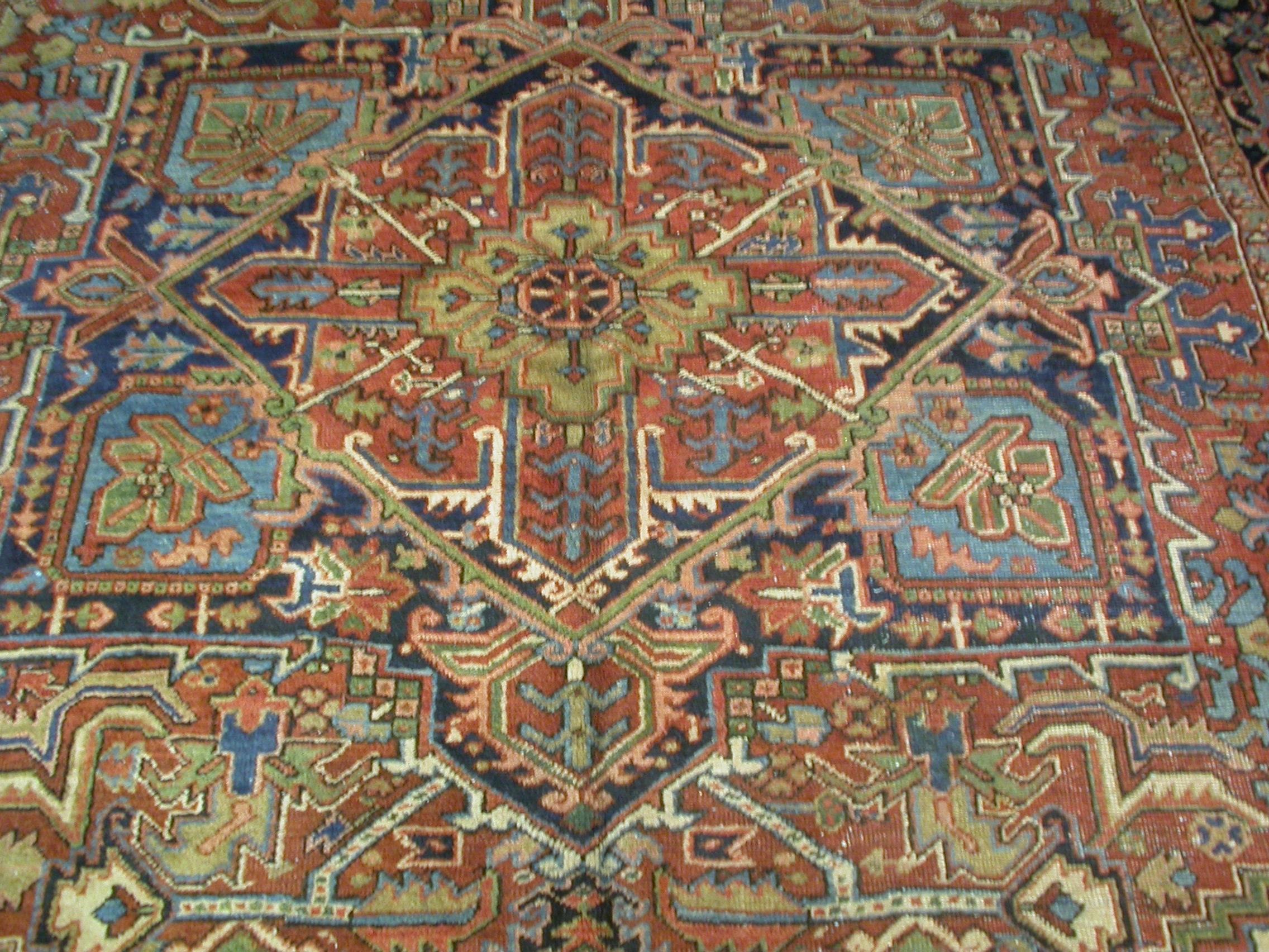 Hand-Knotted Antique Rust Navy Blue Geometric Tribal Persian Heriz Rug, circa 1920s For Sale