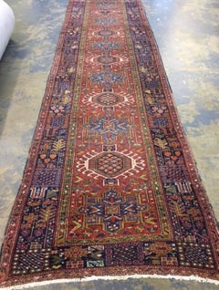 Antique Rust Navy Blue Tribal Persian Karaja Runner Rug, c. 1940s
