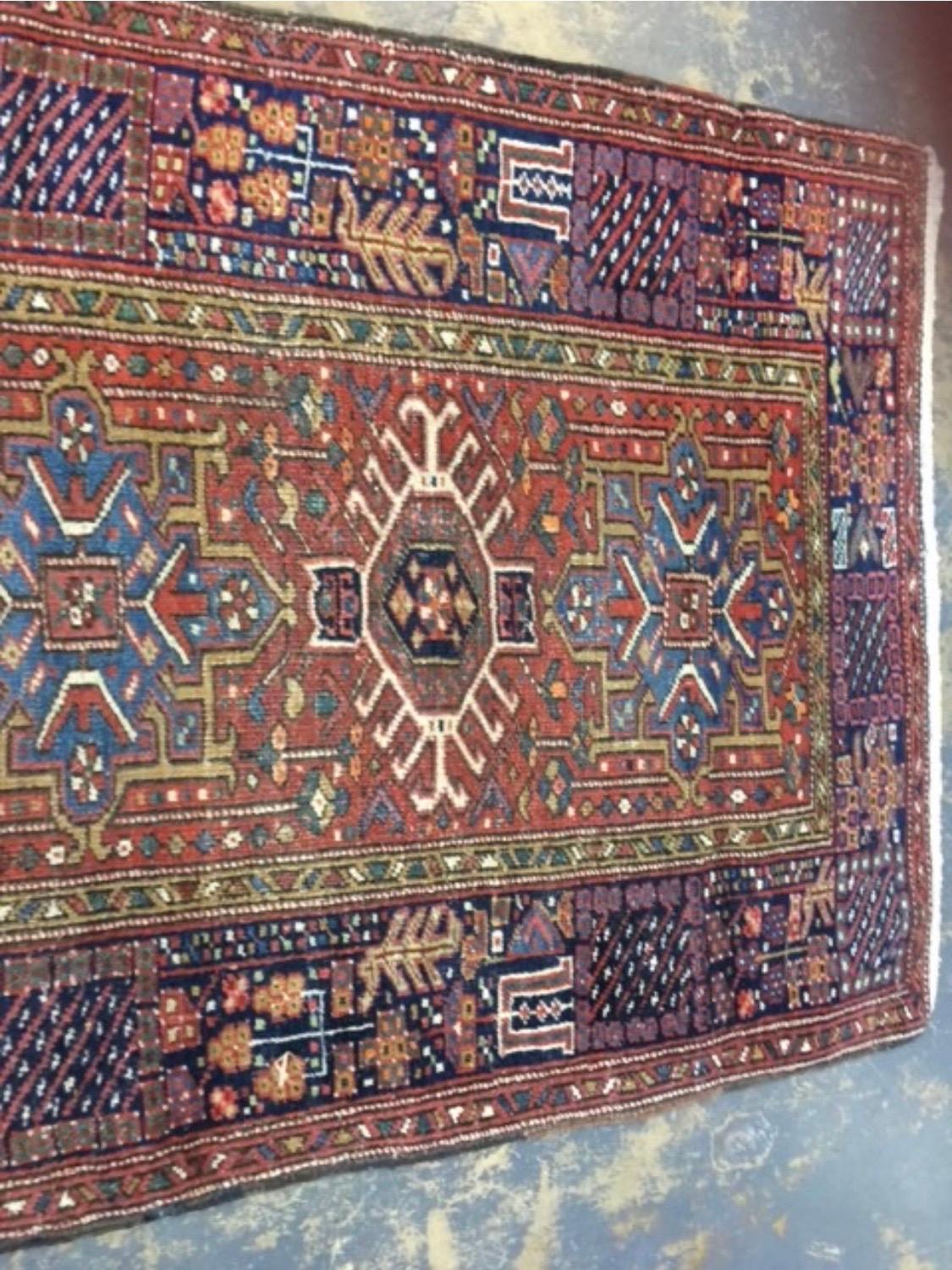 Hand-Knotted Antique Rust Navy Blue Tribal Persian Karaja Runner Rug, c. 1940s