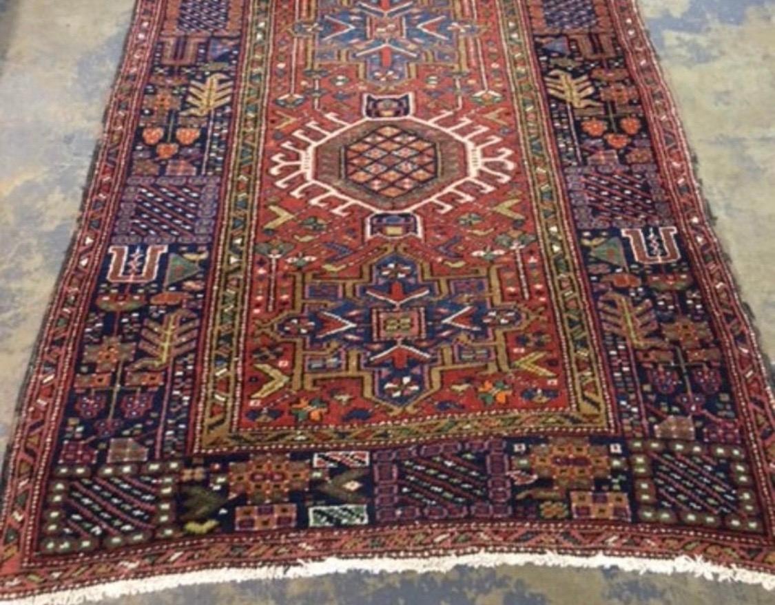 Antique Rust Navy Blue Tribal Persian Karaja Runner Rug, c. 1940s In Good Condition In New York, NY