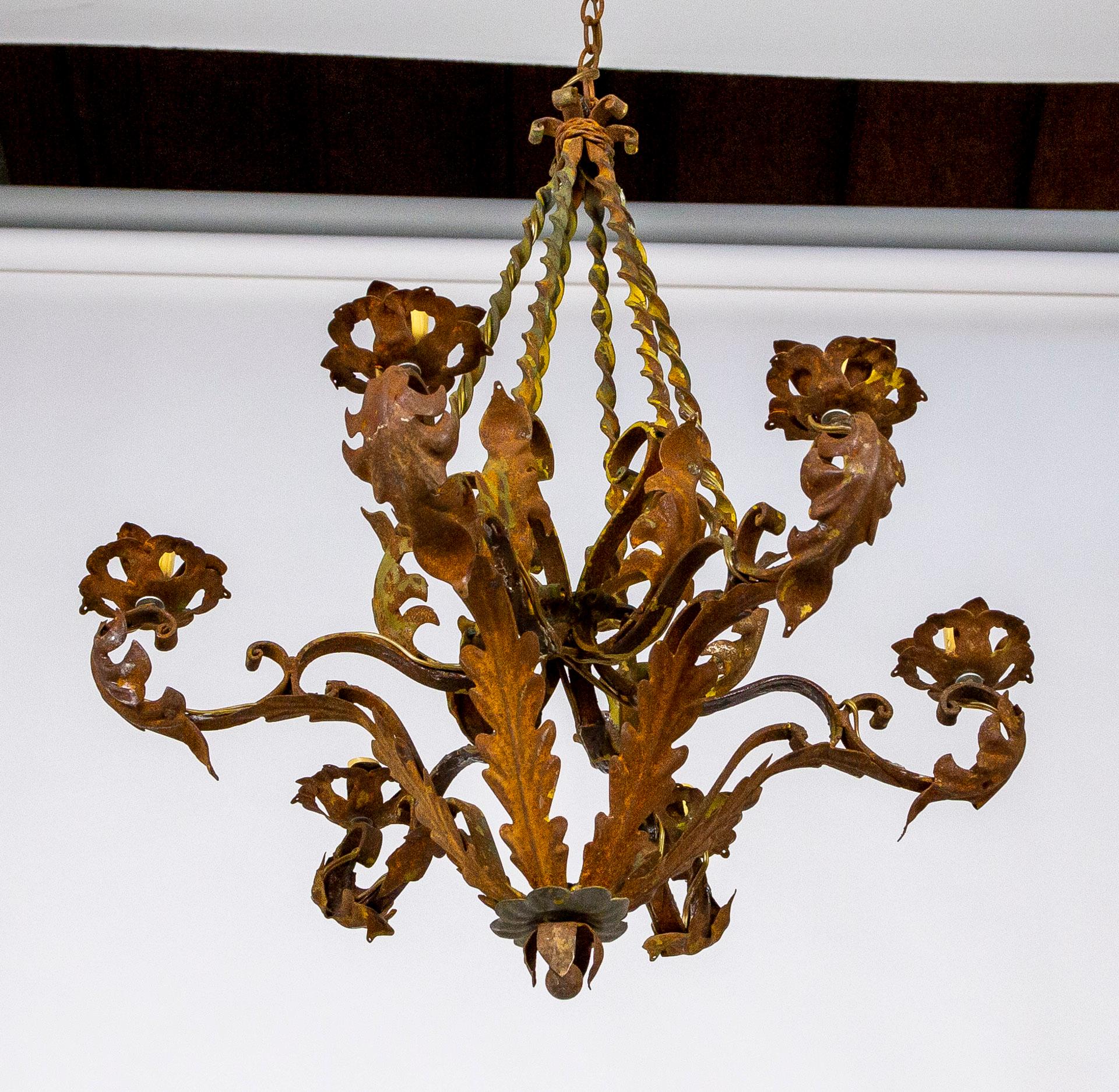 Antique Rust Patina 6-Arm Leaves Chandelier For Sale 5