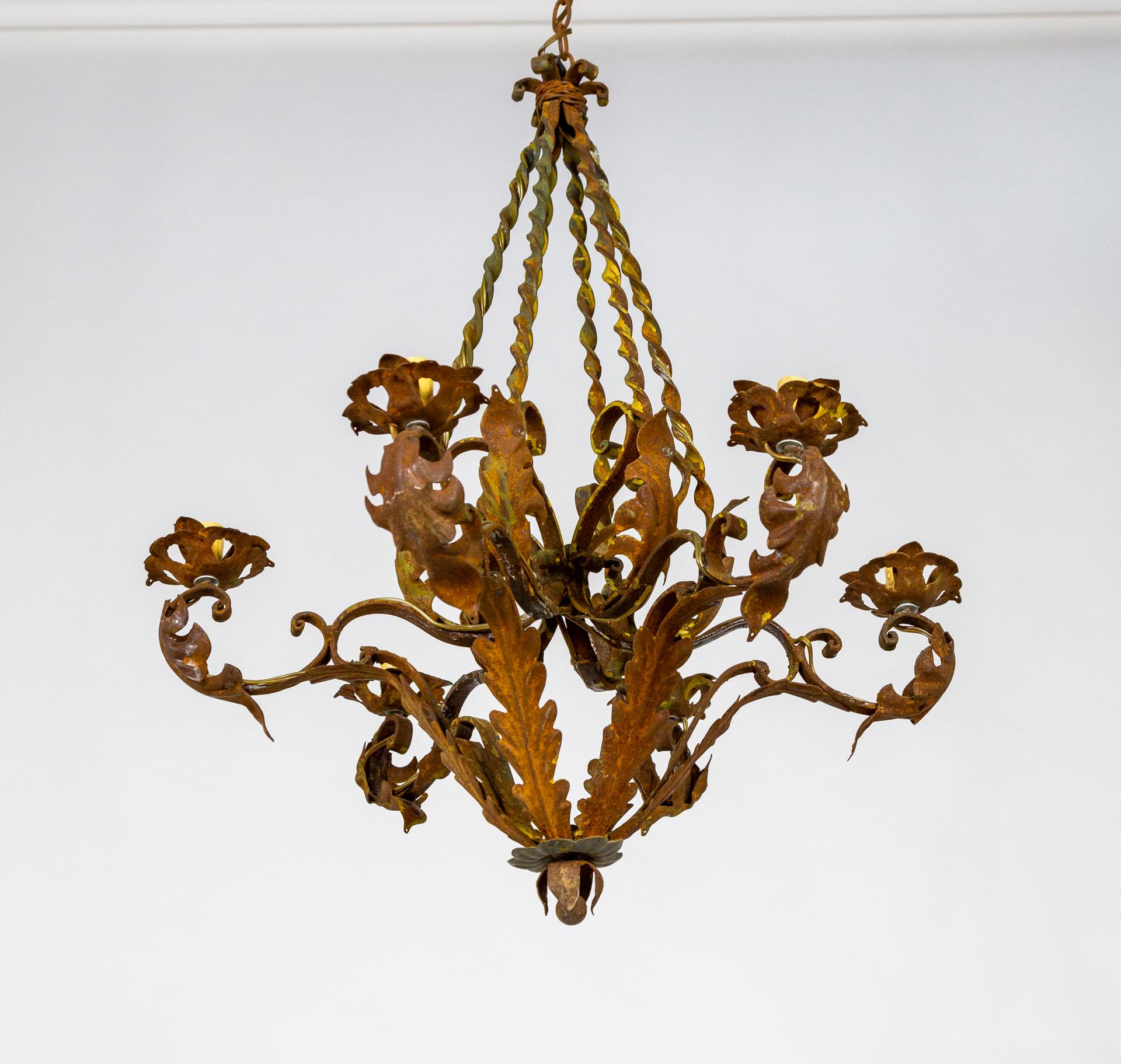 Antique Rust Patina 6-Arm Leaves Chandelier For Sale 6