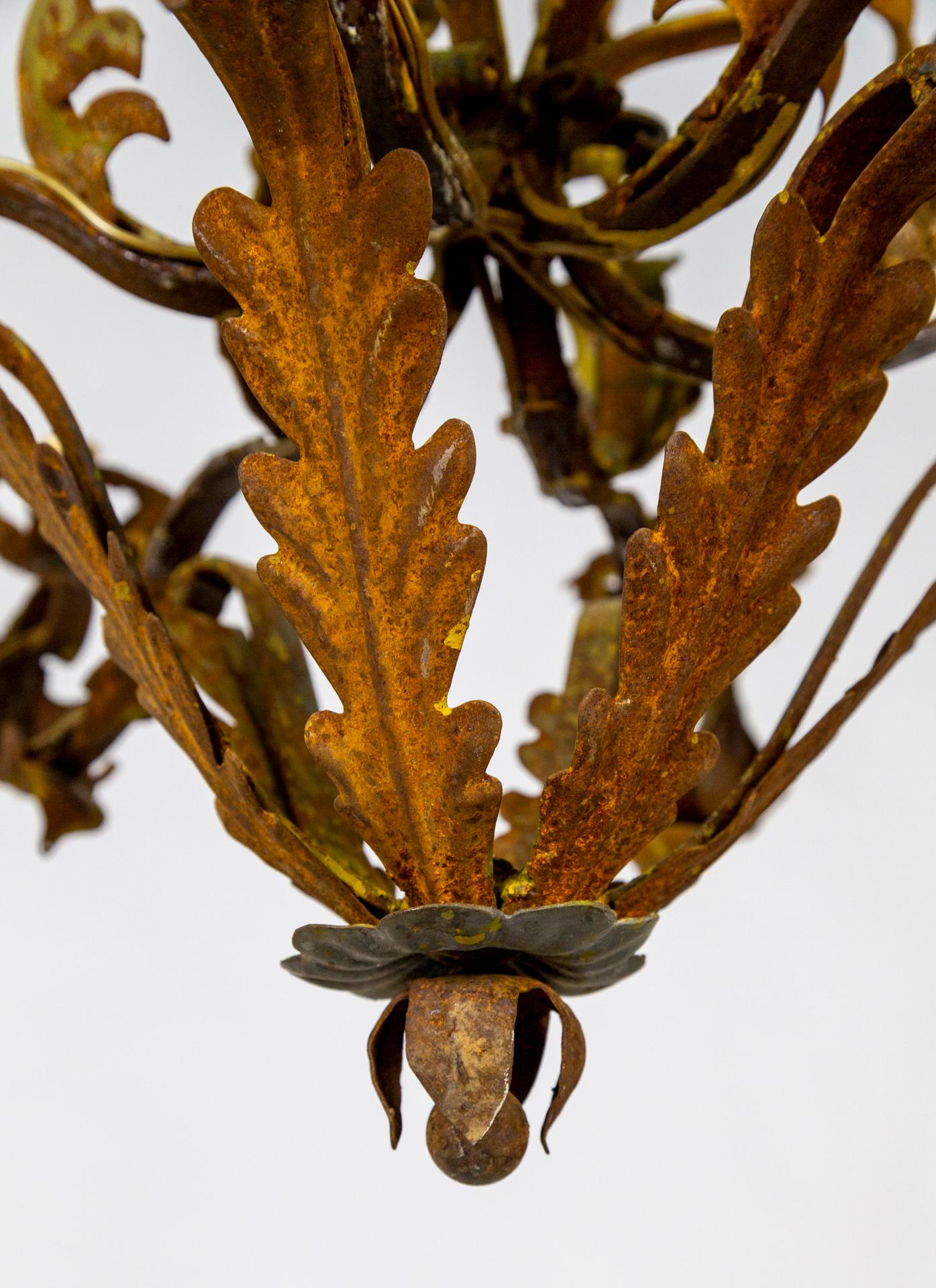 Antique Rust Patina 6-Arm Leaves Chandelier For Sale 8
