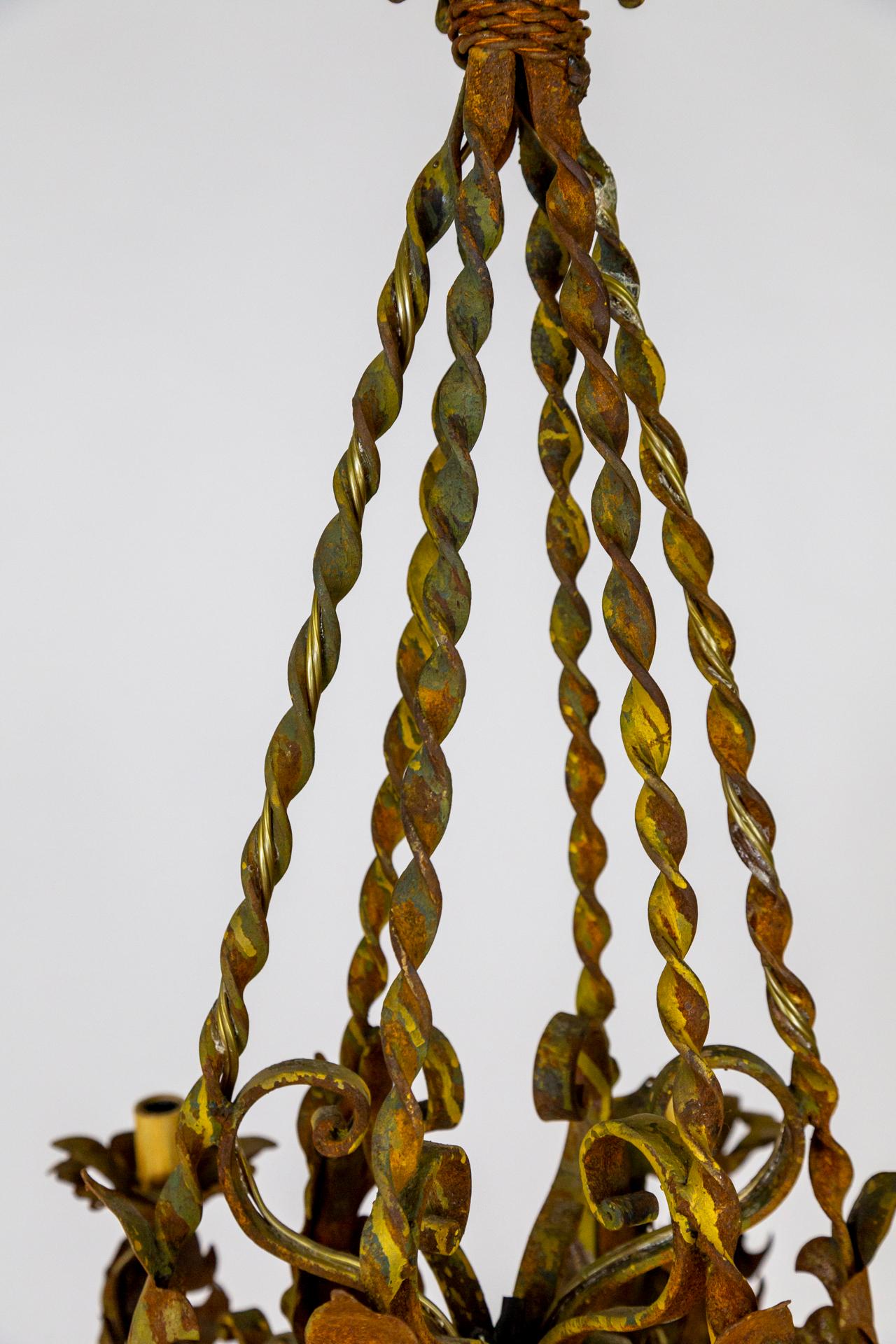 Mid-20th Century Antique Rust Patina 6-Arm Leaves Chandelier For Sale