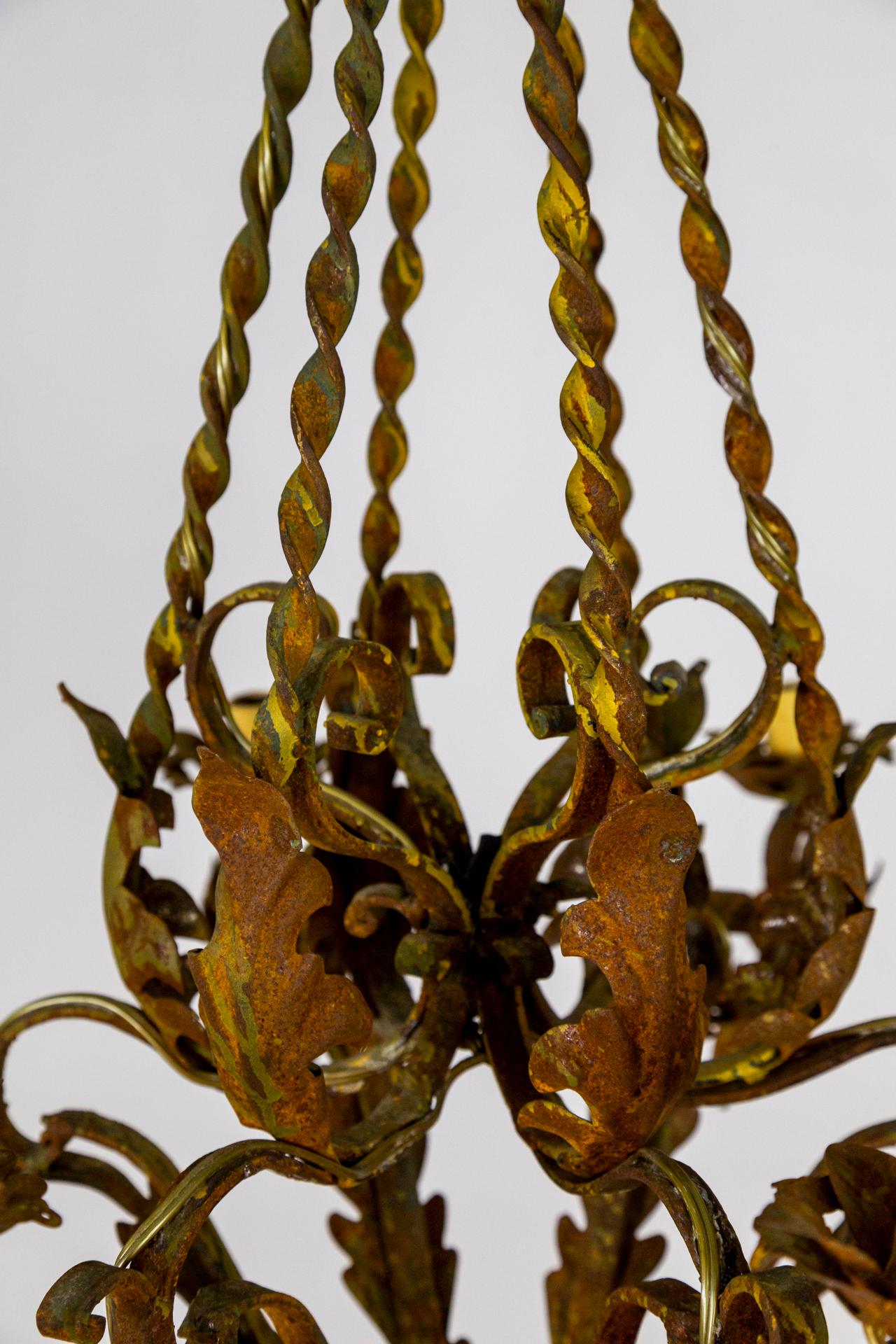 Metal Antique Rust Patina 6-Arm Leaves Chandelier For Sale