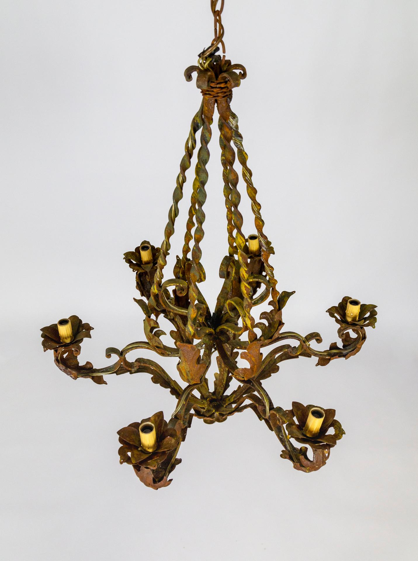 Antique Rust Patina 6-Arm Leaves Chandelier For Sale 1
