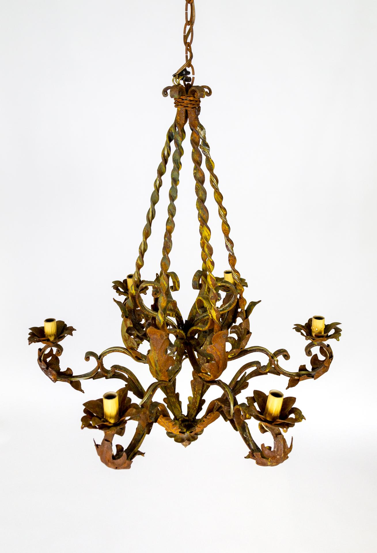 Antique Rust Patina 6-Arm Leaves Chandelier For Sale 3