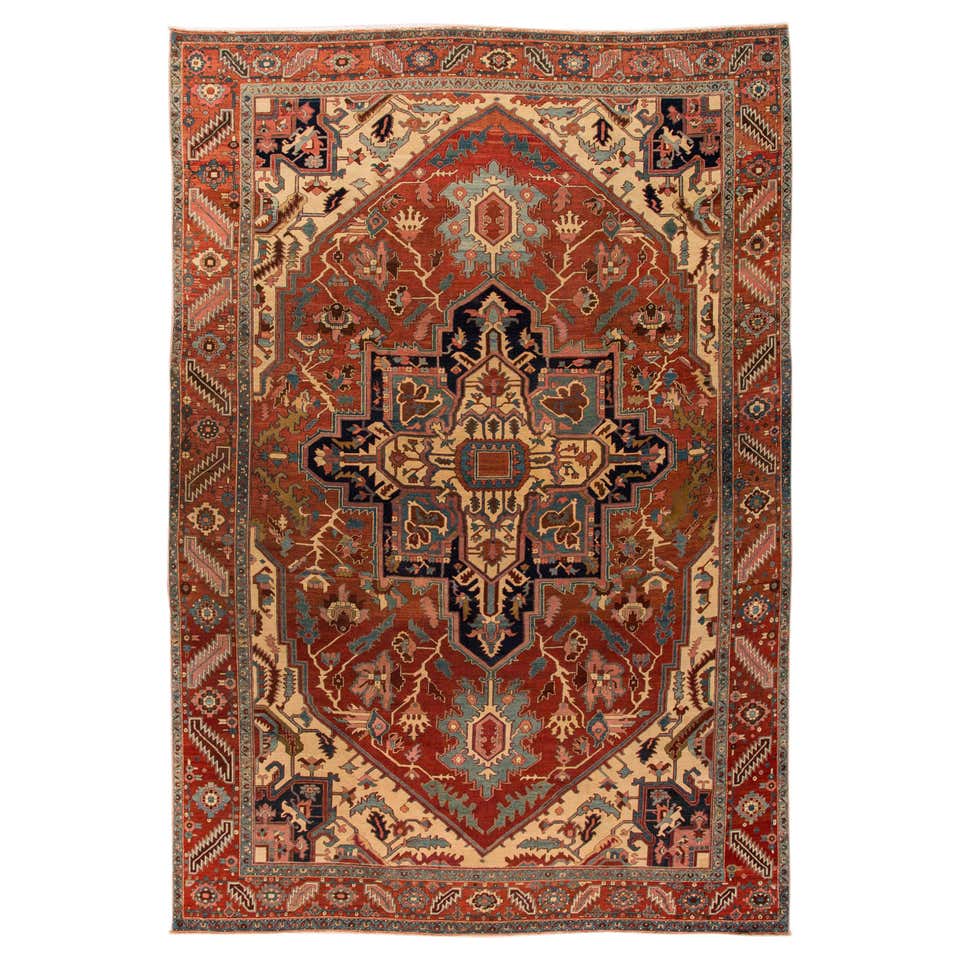 Antique Persian Serapi Carpet, Handmade Wool Oriental Rug, Rust, Ivory ...