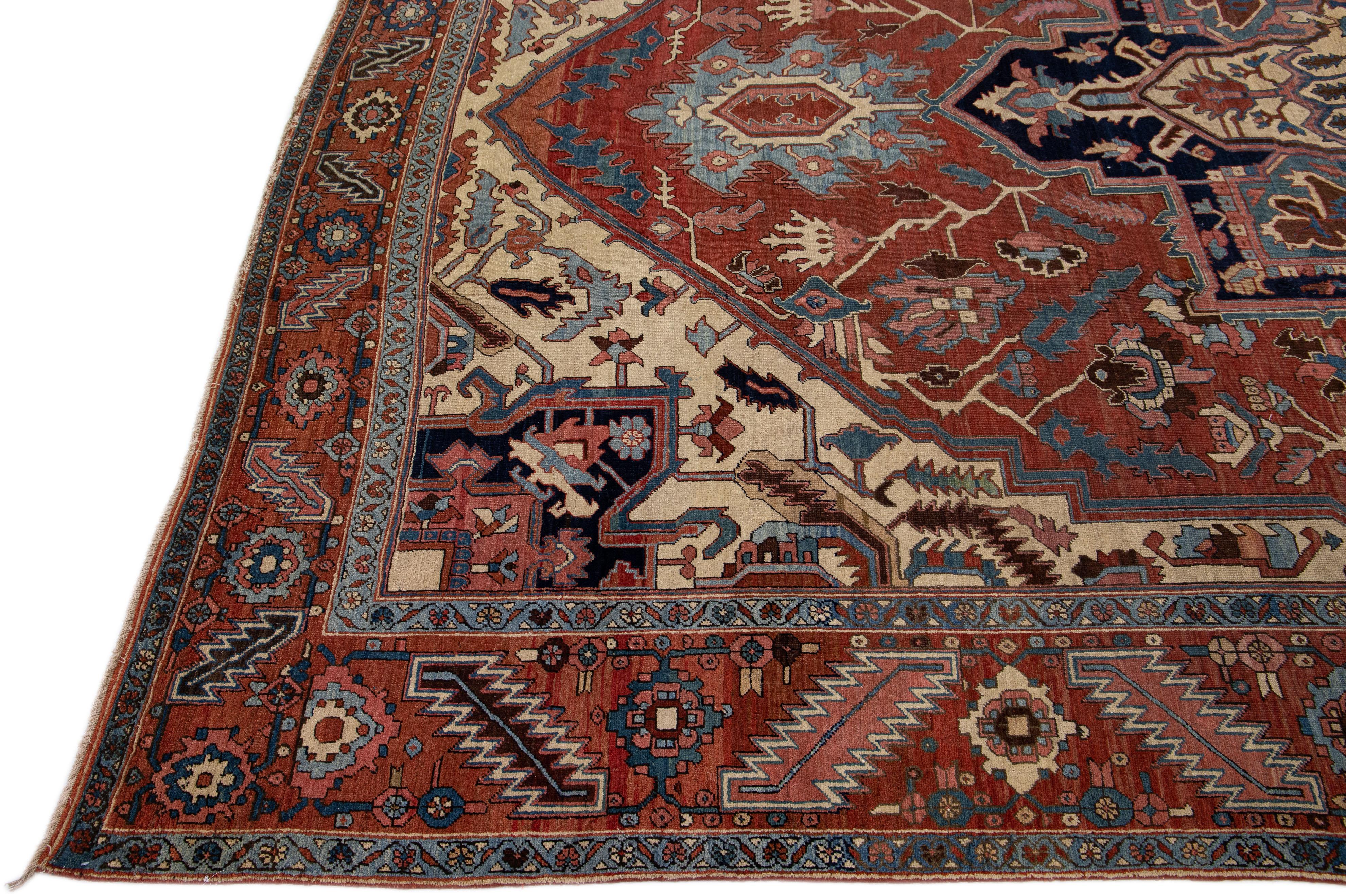 Hand-Knotted Antique Rust Serapi Handmade Persian Wool Rug With Medallion Pattern For Sale