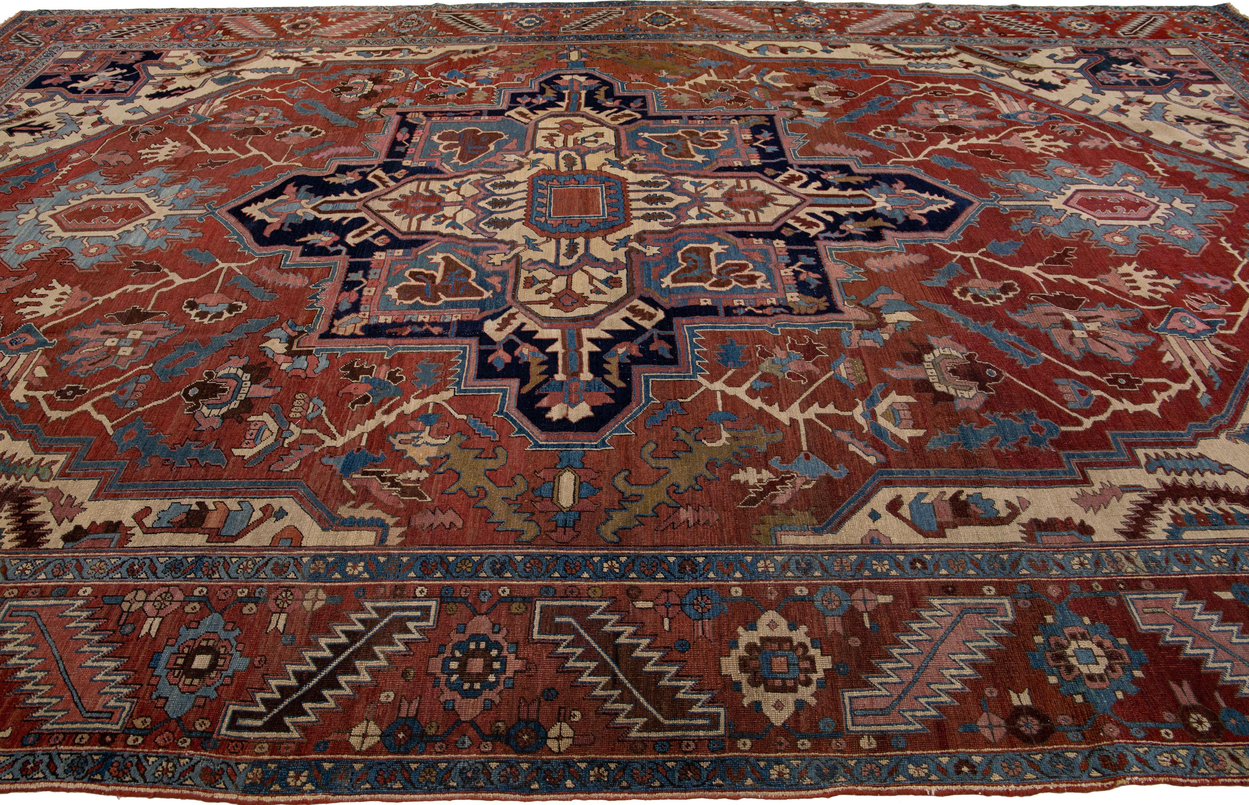 Late 19th Century Antique Rust Serapi Handmade Persian Wool Rug With Medallion Pattern For Sale