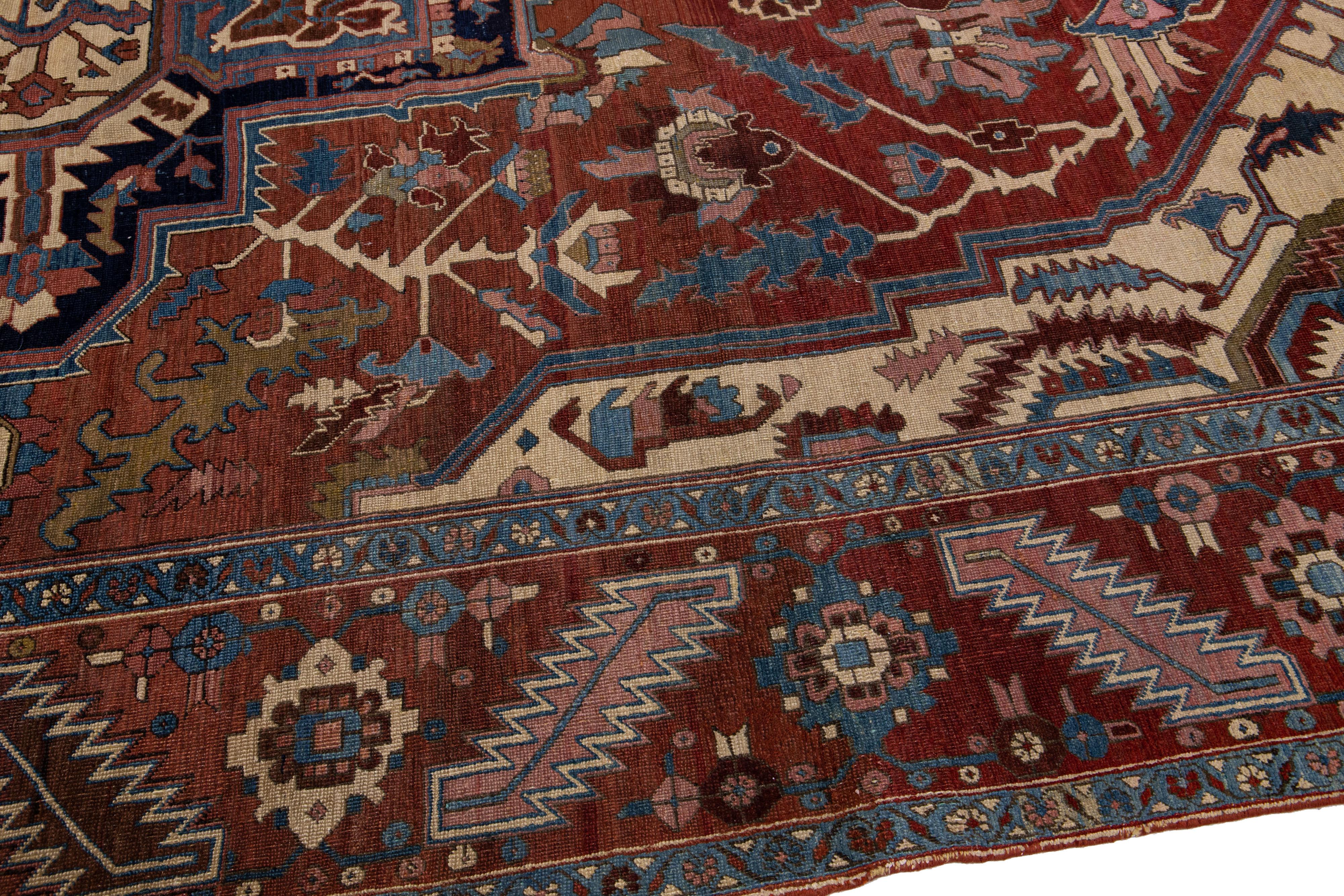 Antique Rust Serapi Handmade Persian Wool Rug With Medallion Pattern For Sale 1