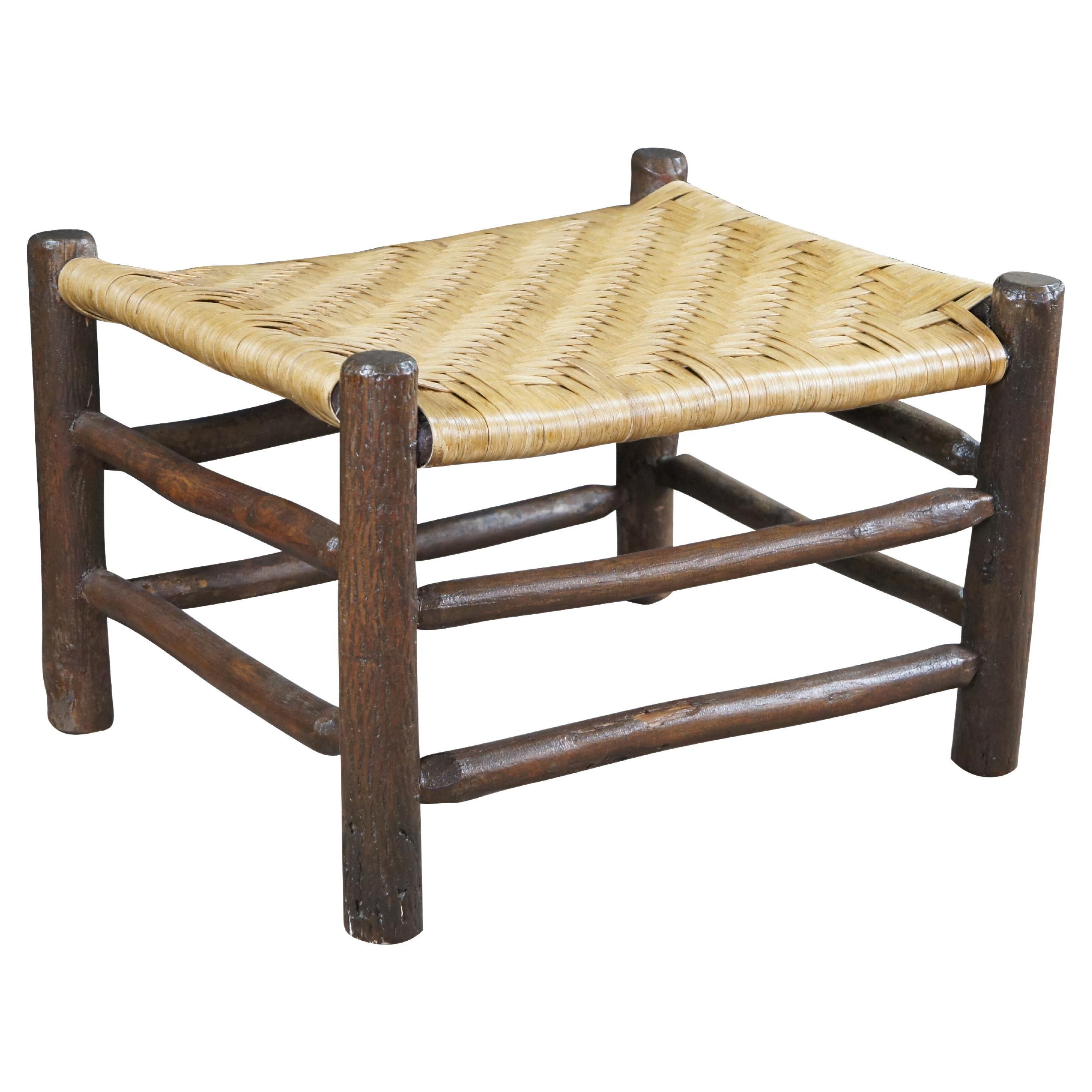 Antique Rustic Adirondack Old Hickory Style Rattan Log Stool Bench Ottoman 22" For Sale