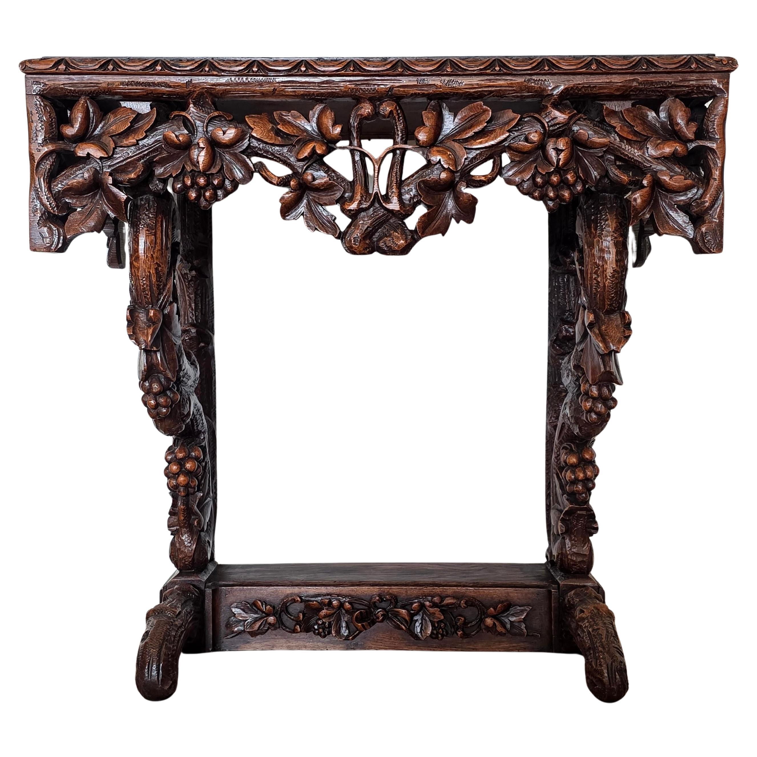 Antique Rustic Black Forest Carved Wood Console Table For Sale