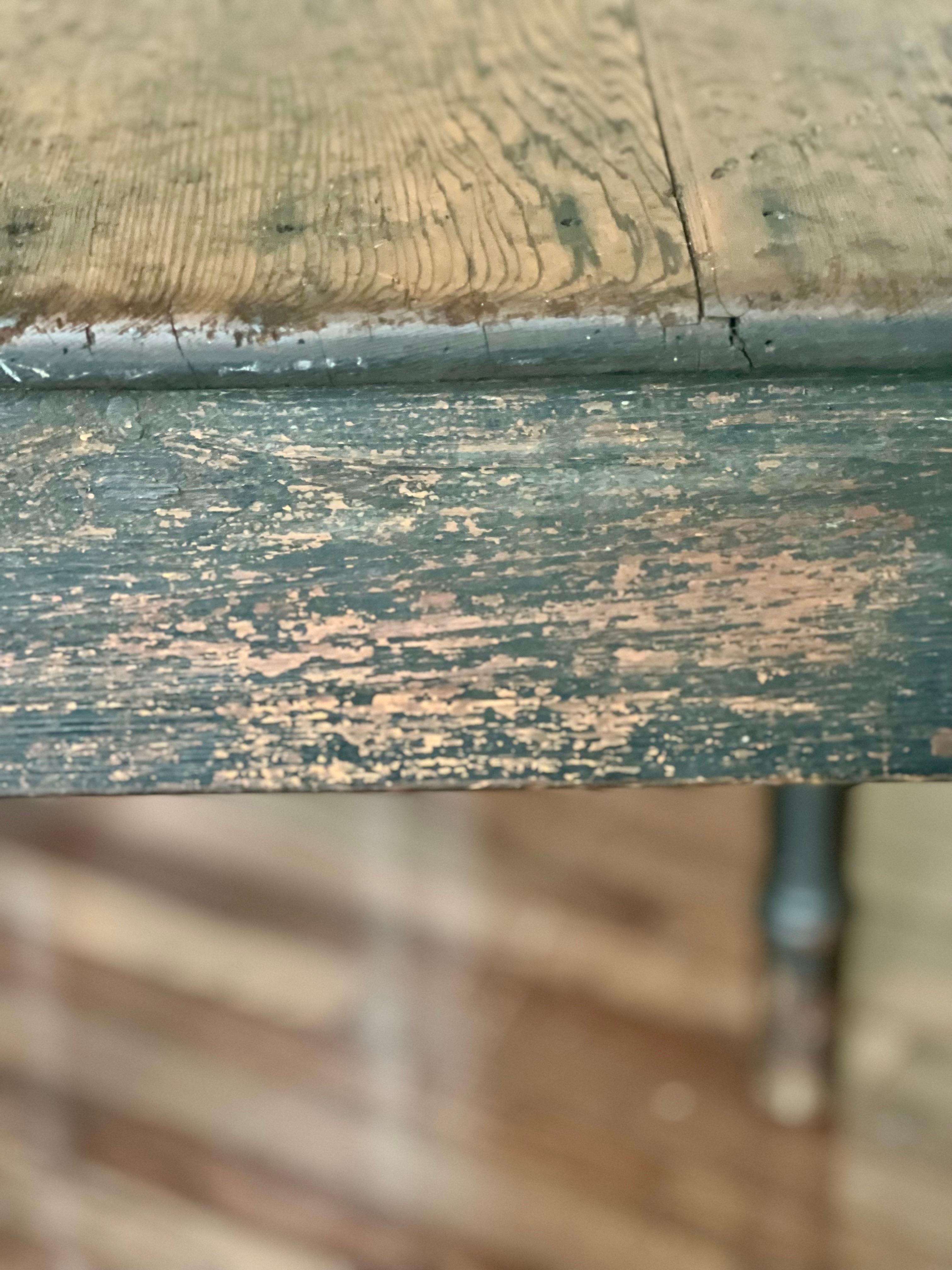 Antique Rustic Black Painted Farmhouse Harvest Work Table For Sale 6