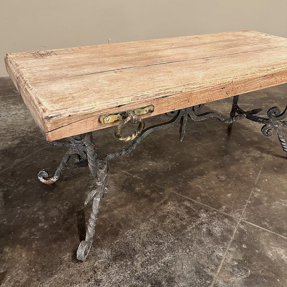 Antique Rustic Butcher Block Wrought Iron Coffee Table For Sale 4