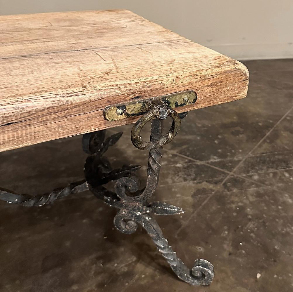 Antique Rustic Butcher Block Wrought Iron Coffee Table For Sale 5