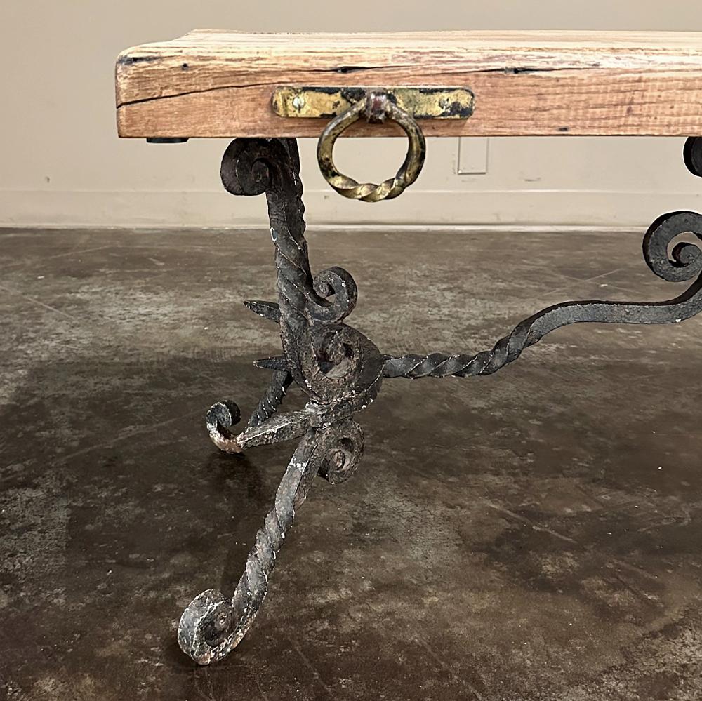 Antique Rustic Butcher Block Wrought Iron Coffee Table For Sale 6