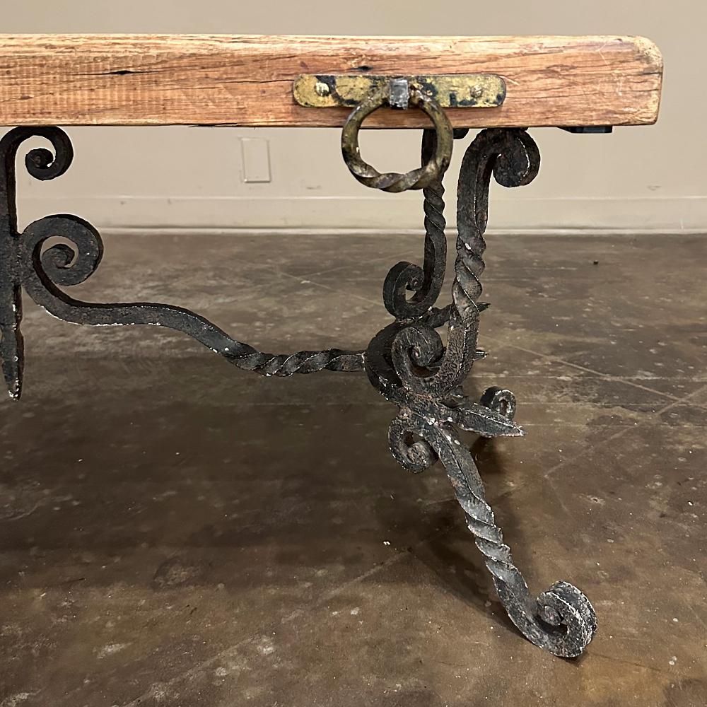 Antique Rustic Butcher Block Wrought Iron Coffee Table For Sale 8