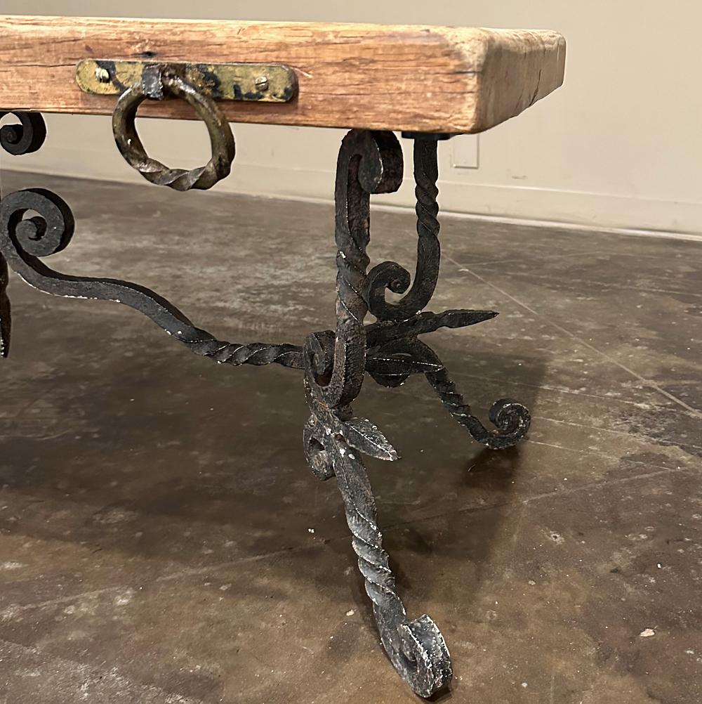 Antique Rustic Butcher Block Wrought Iron Coffee Table For Sale 10