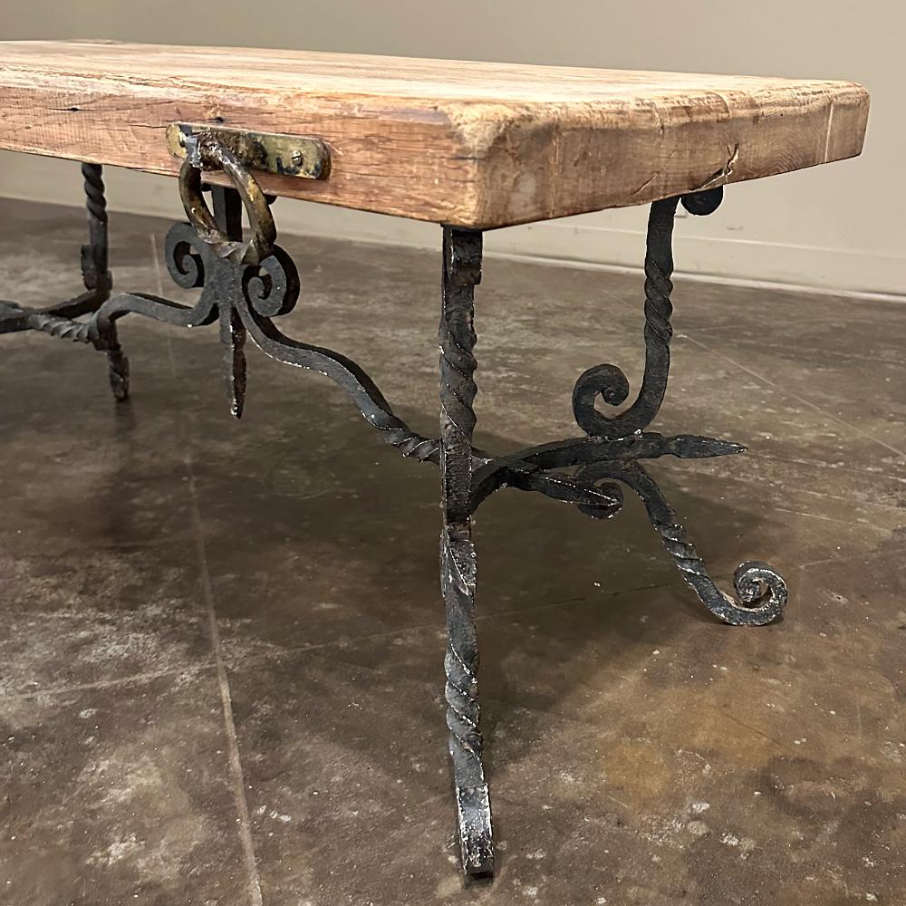 Antique Rustic Butcher Block Wrought Iron Coffee Table For Sale 11