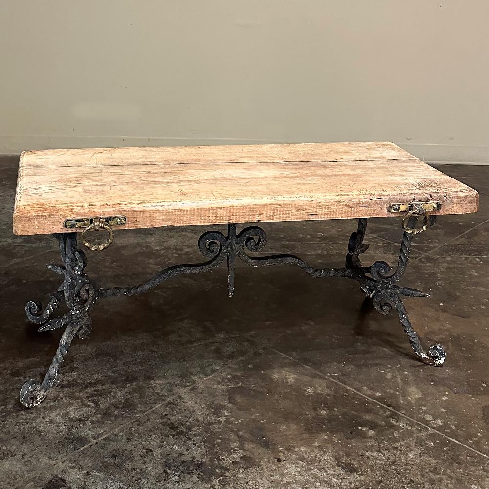 Belgian Antique Rustic Butcher Block Wrought Iron Coffee Table For Sale