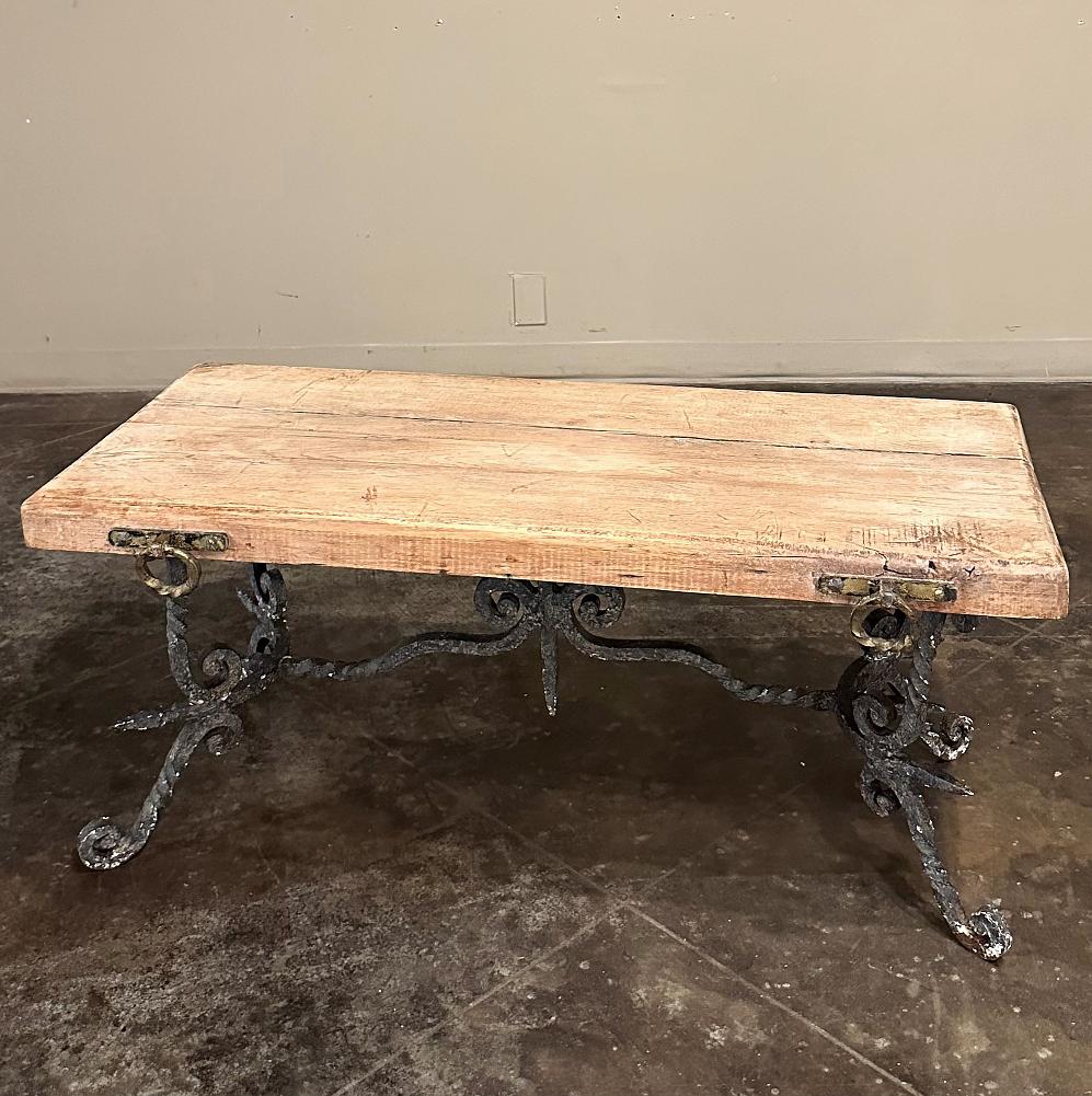 Hand-Crafted Antique Rustic Butcher Block Wrought Iron Coffee Table For Sale