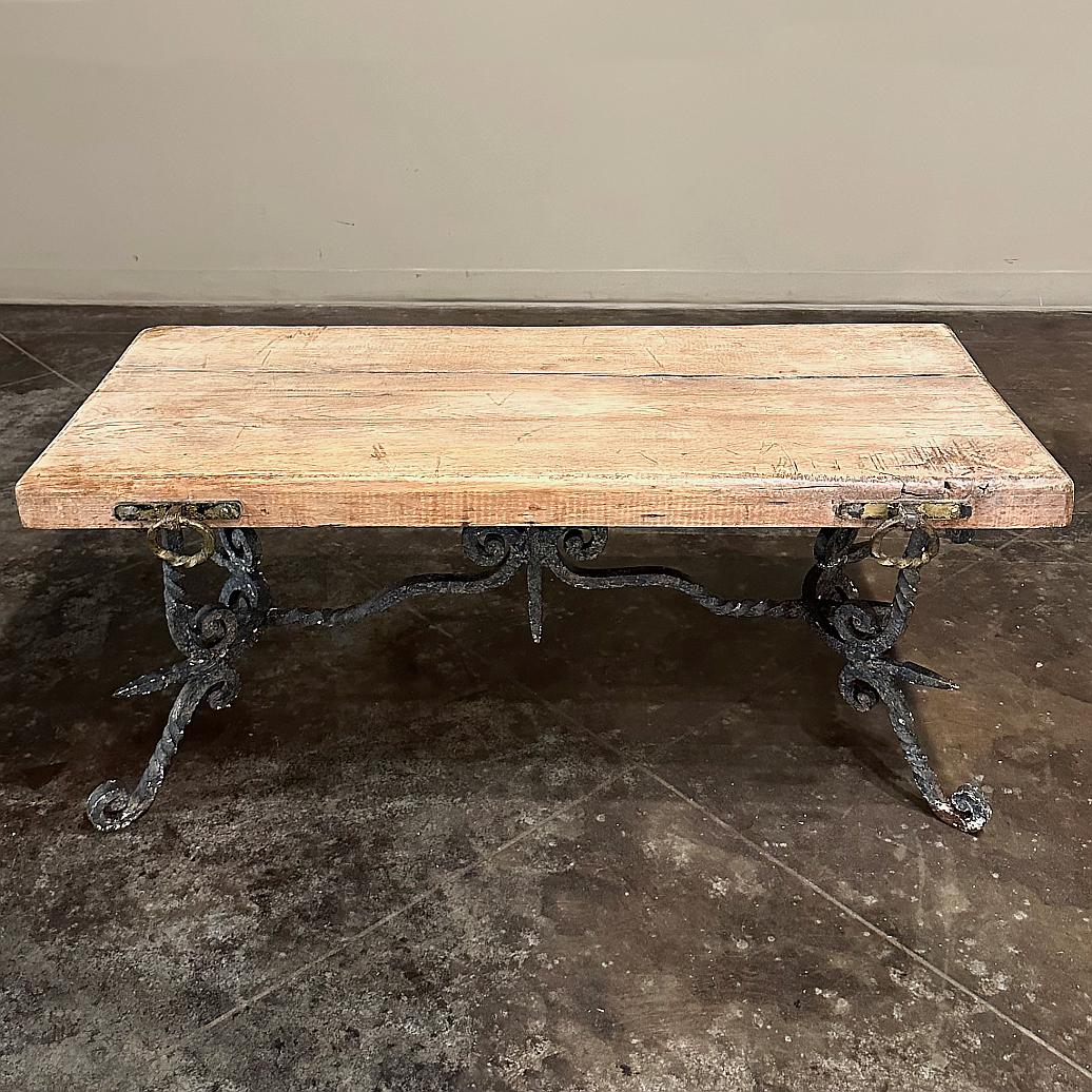 Antique Rustic Butcher Block Wrought Iron Coffee Table In Good Condition For Sale In Dallas, TX