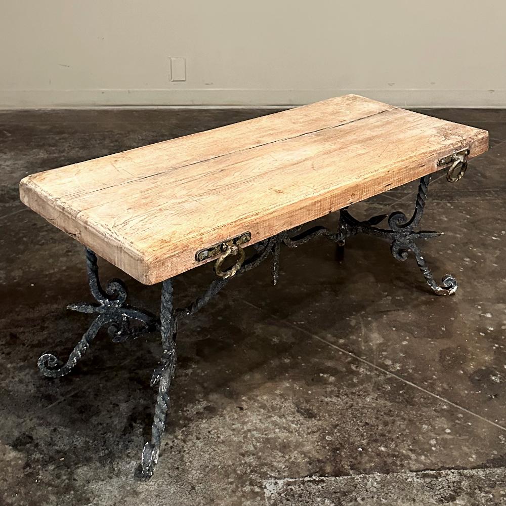 20th Century Antique Rustic Butcher Block Wrought Iron Coffee Table For Sale