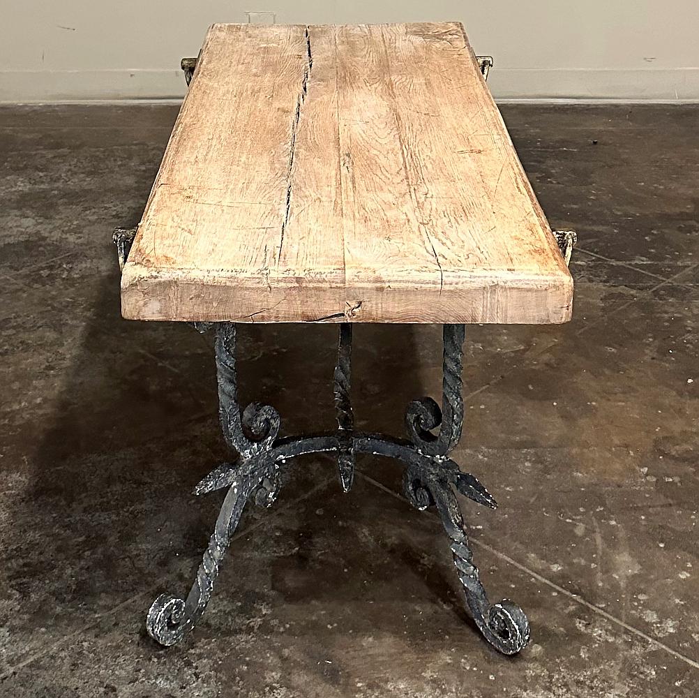 Antique Rustic Butcher Block Wrought Iron Coffee Table For Sale 1