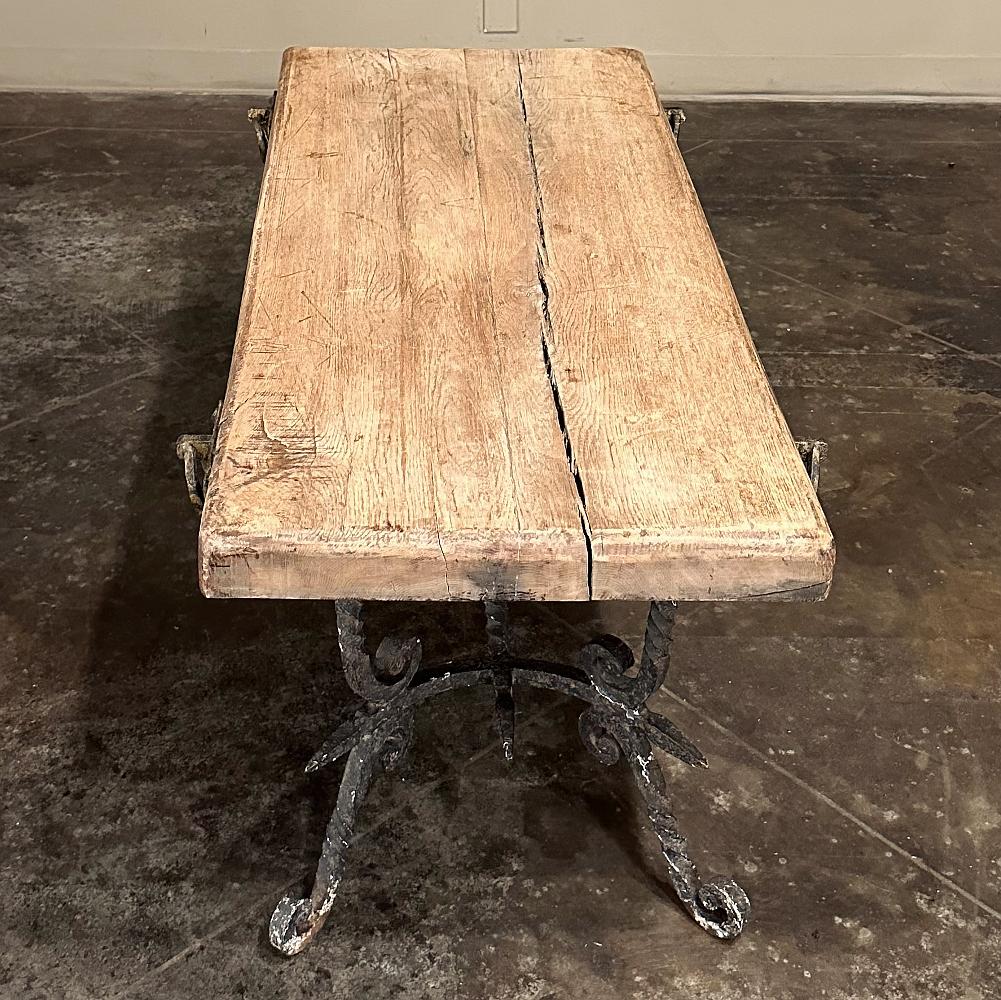 Antique Rustic Butcher Block Wrought Iron Coffee Table For Sale 2