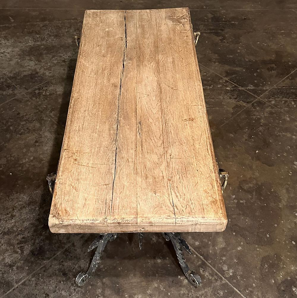 Antique Rustic Butcher Block Wrought Iron Coffee Table For Sale 3