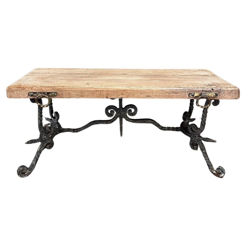 Antique Rustic Butcher Block Wrought Iron Coffee Table For Sale
