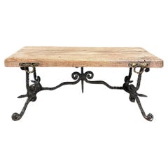 Antique Rustic Butcher Block Wrought Iron Coffee Table