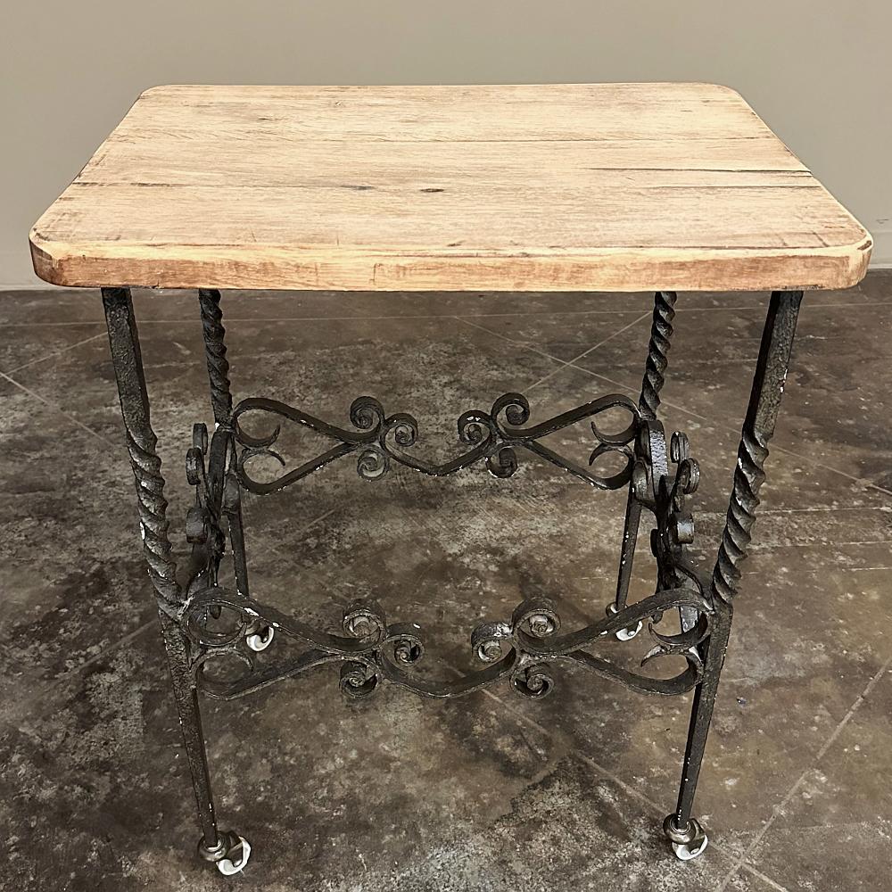 Antique Rustic Butcher Block Wrought Iron Dessert Table is the perfect choice for entertaining with timeless style yet retaining a casual look so prominent in today's decors.  The solid oak butcher block top will ensure decades of enjoyment, and is
