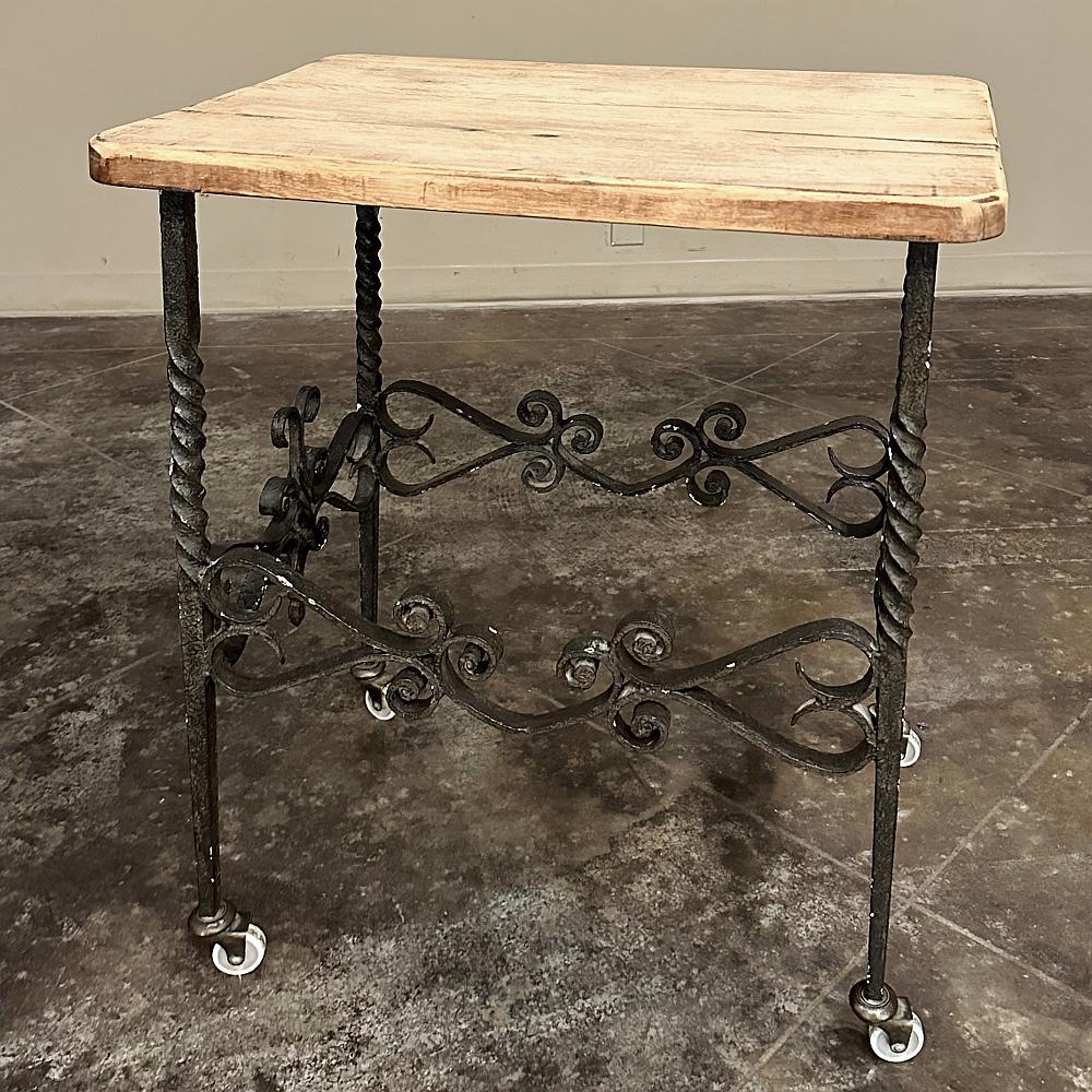 Hand-Crafted Antique Rustic Butcher Block Wrought Iron Dessert Table For Sale