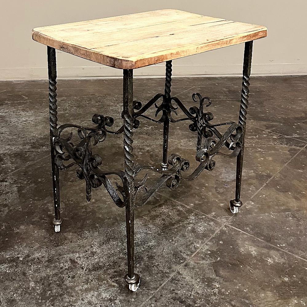 Antique Rustic Butcher Block Wrought Iron Dessert Table In Good Condition For Sale In Dallas, TX
