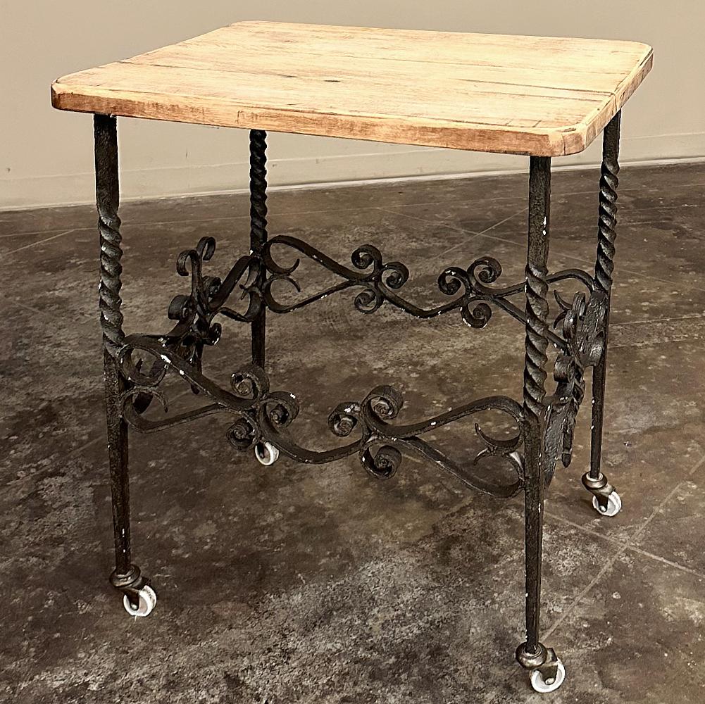 20th Century Antique Rustic Butcher Block Wrought Iron Dessert Table For Sale