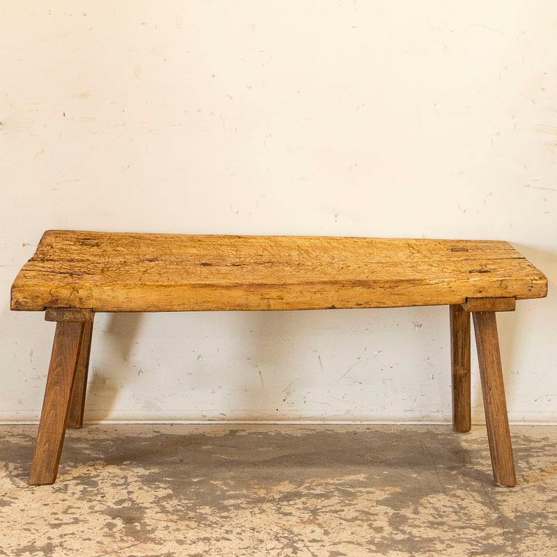 The thick slab top draws one to this rustic coffee table due to the heavy distress seen in every scratch, crack and gouge that came from years of constant use (likely in a butcher's shop). There is a slight bow to the top but one can still set