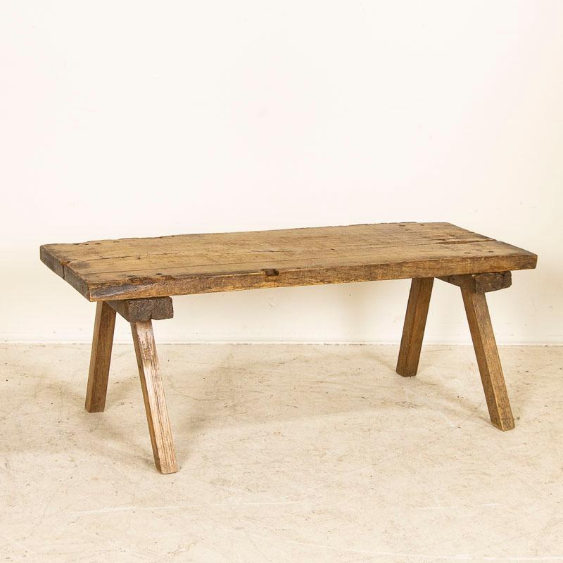 Antique Rustic Butchers Top Slab Wood Console Table with Splay Legs In Good Condition In Round Top, TX