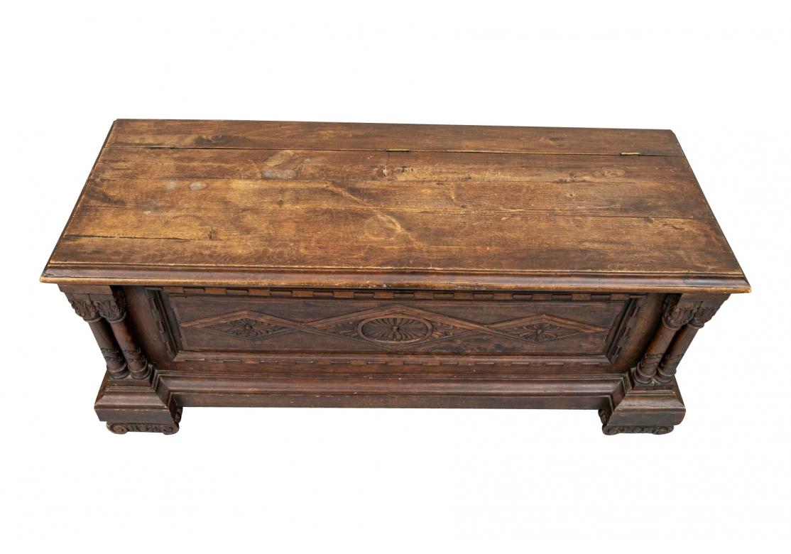 Hardwood Antique Rustic Carved Wood Chest as Cocktail Table For Sale
